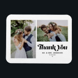 Magnet Flexible Mariage Photo Deux Calligraphie Rétro Noir<br><div class="desc">Exprimez votre gratitude avec style grâce à notre magnet de remerciement de mariage personnalisable avec photo, mettant en vedette une calligraphie rétro et un charmant collage de deux photos. Parfait pour commémorer votre jour spécial, ce magnet de remerciement vous permet de mettre en valeur vos moments préférés tout en exprimant...</div>