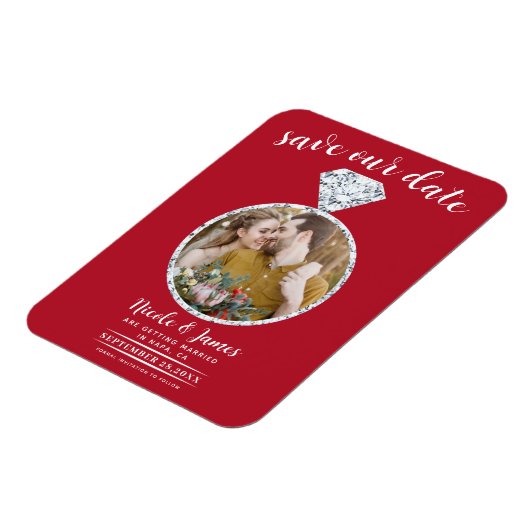 Magnet Flexible Mariage rouge Bling photo Enregistrer la date (Côté Gauche)