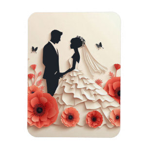 Magnet Flexible Mariée et marié en papier découpé avec des fleurs