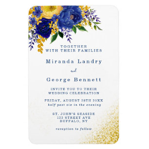 Magnet Flexible Marine Blue Jaune Floral Gold Wedding Invitation