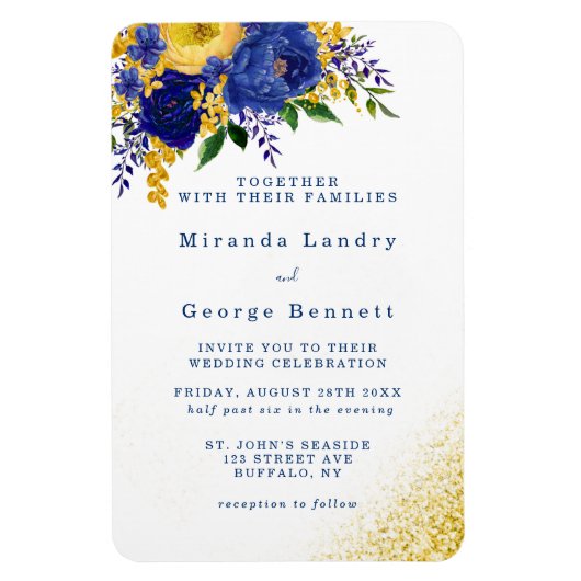 Magnet Flexible Marine Blue Jaune Floral Gold Wedding Invitation (Vertical)