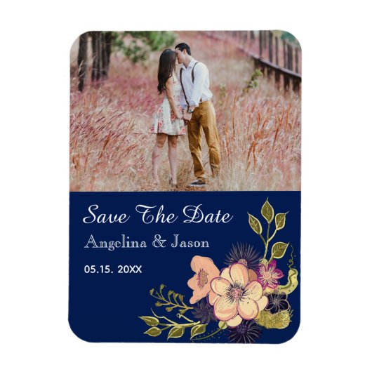Magnet Flexible Marine Blue Photo Wedding Enregistrer La Date Invi (Vertical)