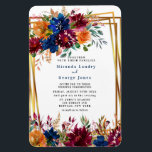 Magnet Flexible Marine Marsala Orange Floral Gold Wedding Invitati<br><div class="desc">Ce design présente un élément floral en bleu marine,  orange et marsala bordeaux avec feuilles et fleurs sauvages d'aquarelle de feuillage d'automne. Produits correspondants disponibles dans la collection "Marine Marsala Orange Floral Mariage géométrique"</div>