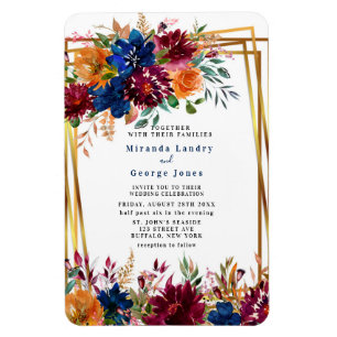 Magnet Flexible Marine Marsala Orange Floral Gold Wedding Invitati