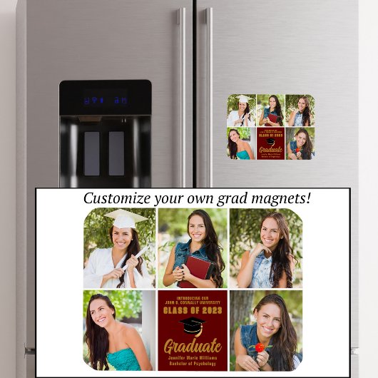 Magnet Flexible Maroon Gold Graduate Photo Collage Chic Graduate