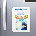 Magnet Flexible Merci photo Anniversaire de enfant de ballons<br><div class="desc">Ballons Anniversaire de enfant Photo Merci Magnet. Aimant d'anniversaire Merci pour la fête d'anniversaire des enfants. Ce design est fourni avec des ballons aux couleurs rouge,  bleu,  rose et vert. Personnalisez l'aimant avec le nom de votre enfant,  merci message et photo.</div>