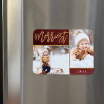 Magnet Flexible Merriest Faux Gold Foil 2 Photo Holiday<br><div class="desc">Magnets photos de vacances imprimés sur mesure avec des modèles simples pour la personnalisation. Cet élégant design présente un montage photo 2 sur un arrière - plan d'aquarelle bordeaux. Le texte du script de calligraphie moderne dit Merriest en fausse feuille d'or. Personnalisez-le avec vos propres photos, et ajoutez l'année ou...</div>
