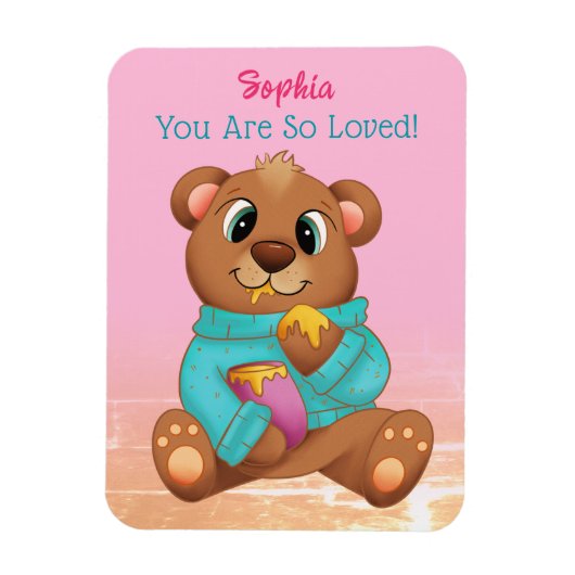 Magnet Flexible Mignonne Ours Manger Miel, Nom/Message de l'enfant (Vertical)