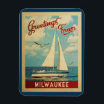 Magnet Flexible Milwaukee Vintage voyage de bateau à voile Wiscons<br><div class="desc">Ce voeu de Milwaukee Wisconsin vintage voyage design nautique comprend un bateau naviguant sur l'eau avec des mouettes et un ciel bleu rempli de somptueux nuages blancs bouffants.</div>