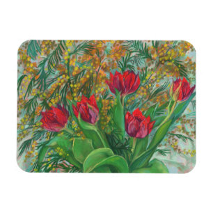 Magnet Flexible Mimosa et Tulipes, Fleurs de Printemps, Peinture F