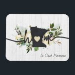 Magnet Flexible Minnesota État Personnalisé Votre Maison Ville Rus<br><div class="desc">Minnesota State Personnalisé Votre Maison Ville Rustique Design Floral Chic. Avec de jolies fleurs jaunes et blanches crème d'aquarelle, des traits de pinceau de peinture, une forme de coeur mignonne, une texture chic en bois blanc et une police de caractères brossée tendance. Fait un grand cadeau pour toute personne du...</div>