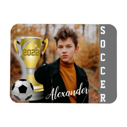 Magnet Flexible Modern Grey Soccer Sports Photo & Nom pour lui (Horizontal)