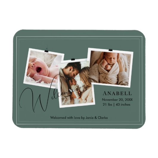 Magnet Flexible Moderne Collage de Naissance en Zigzag Vert Sauge  (Horizontal)