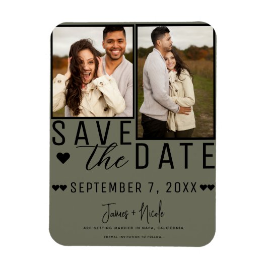 Magnet Flexible Moderne Faire-Part de Mariage Vert Olive avec 2 Ph (Vertical)