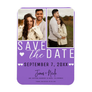 Magnet Flexible Moderne Mariage Violet Enregistrer la Date 2 Photo