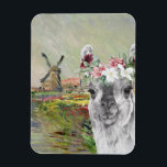 Magnet Flexible Monet Champ Tulipes et Fancy Llama<br><div class="desc">Une belle compilation artistique présente Claude Monet CHAMP TULIPES EN HOLLANDE comme arrière - plan avec portrait d'adorable lama à l'aquarelle de couronne fleurie.</div>