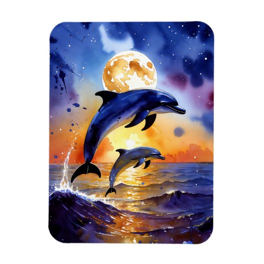 Magnet Flexible Moonlit Dolphin Dreams Over Sunset Ocean (Vertical)