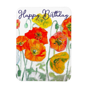 Magnet Flexible Motif de fleur de pavot rouge orange Joyeux Annive
