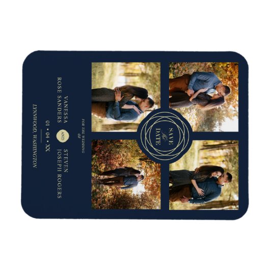 Magnet Flexible Navy Gold 4 Photos Modern Collage Wedding Script (Horizontal)