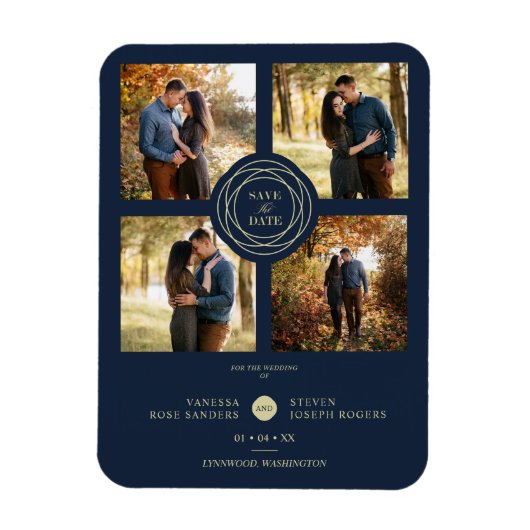 Magnet Flexible Navy Gold 4 Photos Modern Collage Wedding Script (Vertical)
