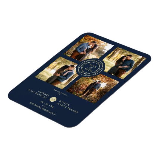 Magnet Flexible Navy Gold 4 Photos Modern Collage Wedding Script (Côté Gauche)