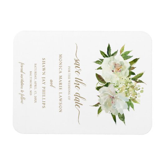 Magnet Flexible Neutre Floral Blanc ivoire Or Enregistrer la date (Horizontal)