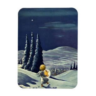 Magnet Flexible Noël vintage, ange de neige marchant avec une étoi