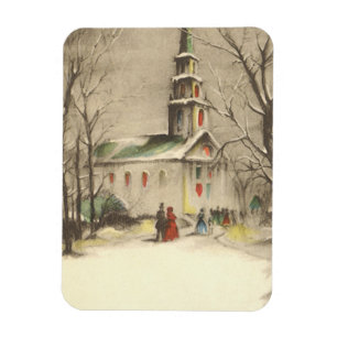 Magnet Flexible Noël vintage, église dans un paysage enneigé hiver