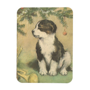 Magnet Flexible Noël vintage, joli chiot sous l'arbre de Noël