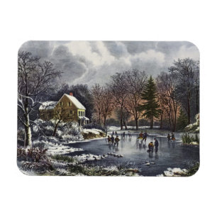 Magnet Flexible Noël vintage, Patineurs de début d'hiver sur un ét