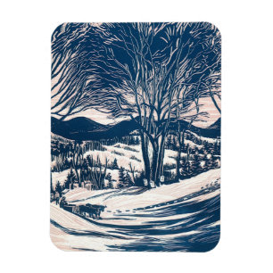 Magnet Flexible Noël vintage, paysage de montagne enneigée en hive