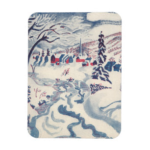 Magnet Flexible Noël vintage, paysage enneigé avec village d'hiver