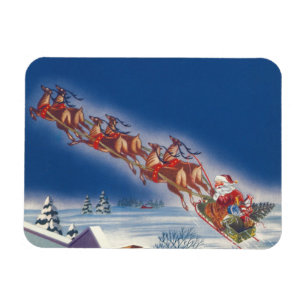 Magnet Flexible Noël vintage, Père Noël volant en traîneau avec re