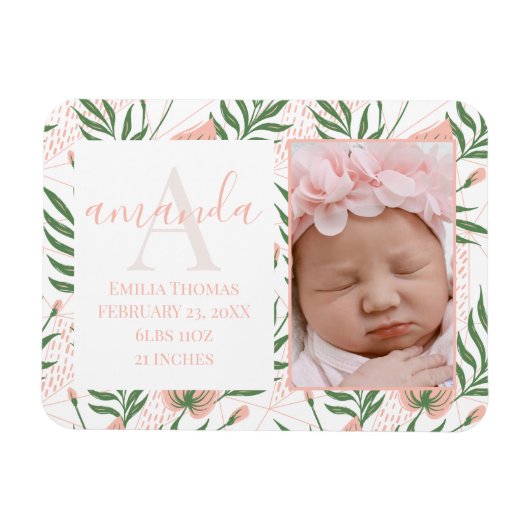 Magnet Flexible Nom monogramme Floral rose Faire-part de naissance (Horizontal)