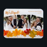 Magnet Flexible Nous avons élopé automne feuille Mariage photo Fai<br><div class="desc">Ce bel aimant photo mariage de Thanksgiving faire-part présente un élégant collage photo de 3 sous les mots orange We Eloped. Cette jolie photo en feuilles d'automne avec du bois blanc tendance derrière les feuille est une carte magnétique de vacances chic à décorer avec vos photos nouvellement mariées. Remerciez-vous pour...</div>