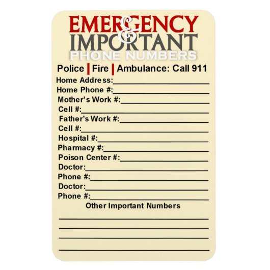 Magnet Flexible Numéro de téléphone d'urgence et numéro de télépho (Vertical)