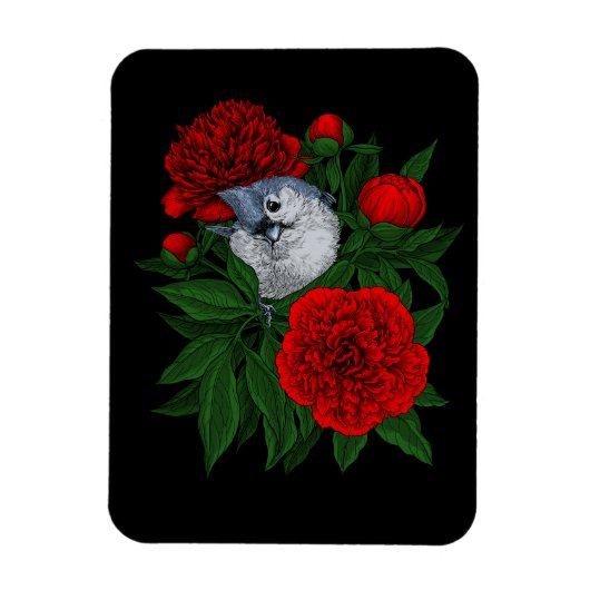 Magnet Flexible Oiseau sur un bouquet de pivoine rouge (Vertical)