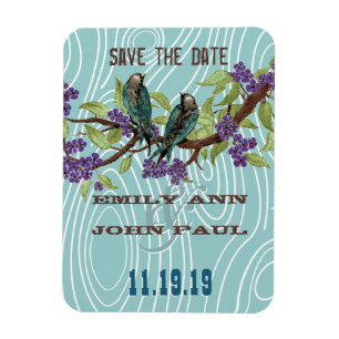 Magnet Flexible Oiseaux d'amour sarcelle Fleurs de cerisier violet