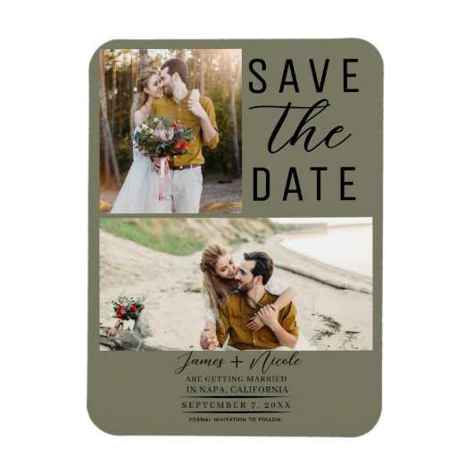 Magnet Flexible Olive Green Modern 2 Photos Sauvez la date Mariage (Vertical)