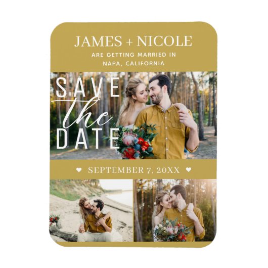 Magnet Flexible Or moderne Enregistrer la date Mariage 3 photos (Vertical)