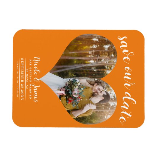 Magnet Flexible Orange Coeur photo mariage Enregistrer la date (Horizontal)