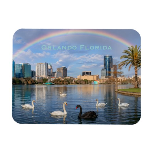 Magnet Flexible Orlando Florida Skyline Lake Eola Rainbow & Swans (Horizontal)