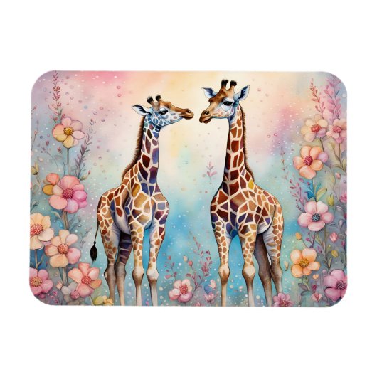 Magnet Flexible Paire de girafes dans un jardin pastel (Horizontal)