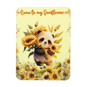 Magnet flexible Panda mignon tenant des tournesols