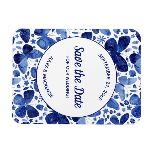 Magnet Flexible Papillons Aquarelle Indigo Bleu Enregistrer la dat (Horizontal)