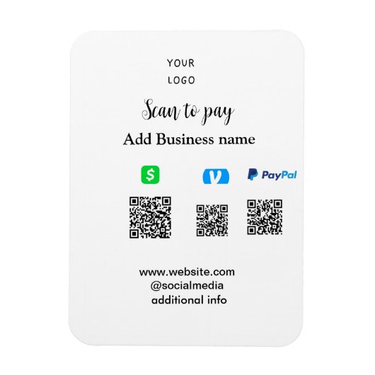 Magnet Flexible Paypal Cashapp venmo scan pour payer QR ajouter un (Vertical)