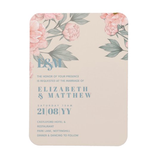 Magnet Flexible Peach Peonies Sage Floral Budget Mariage (Vertical)