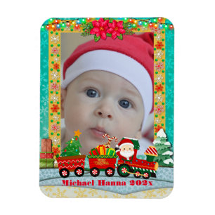 Magnet Flexible Père Noël dans un train avec des cadeaux et un sap