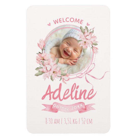 Magnet Flexible personalized baby blue floral Birth announcements (Vertical)