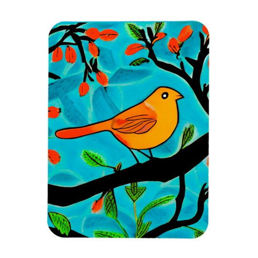 Magnet Flexible Petit oiseau orange sur une branche de fleurs (Vertical)